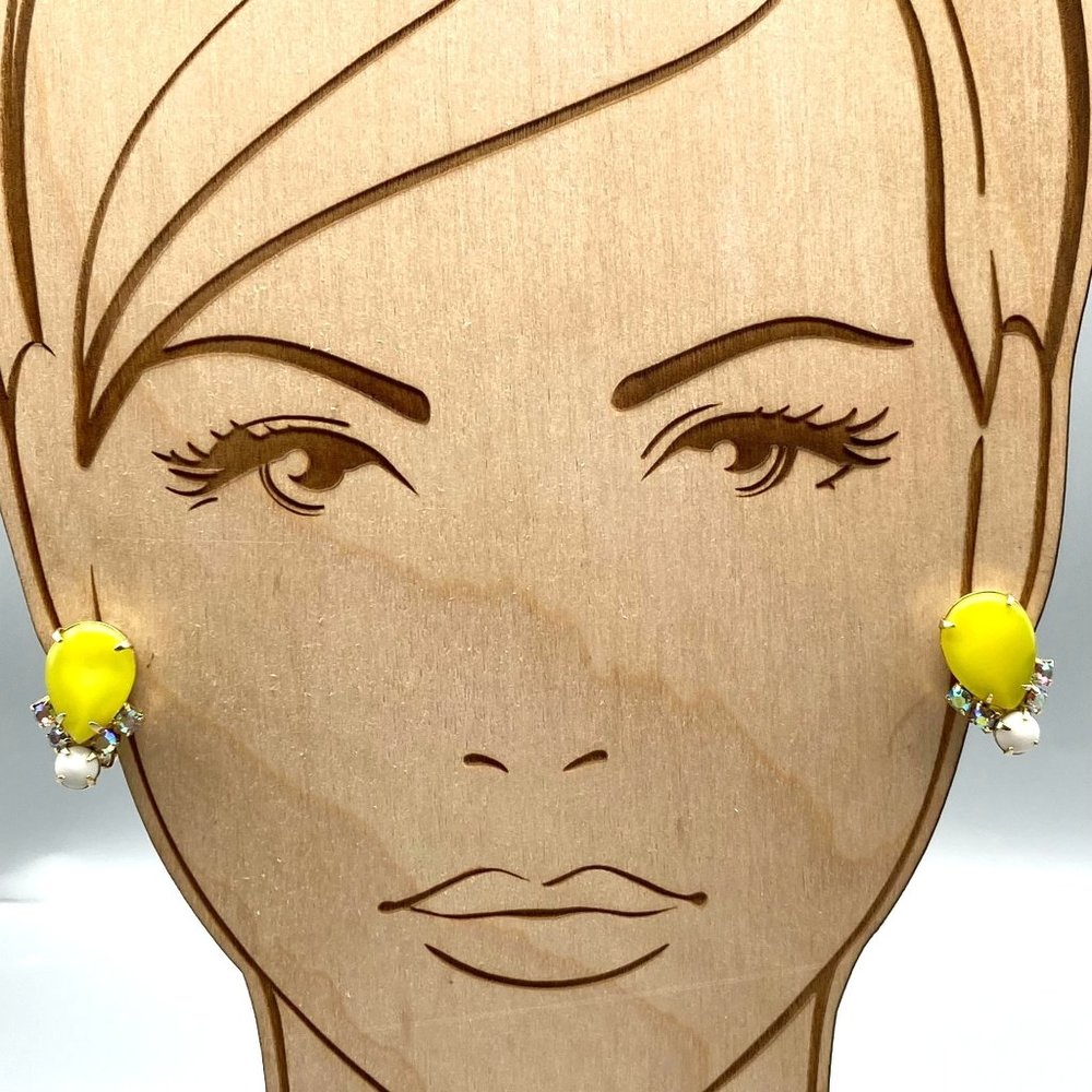 Bright Yellow Glam Earrings, Gold Tone VIntage Clip Ons with Milk Glass Anchor